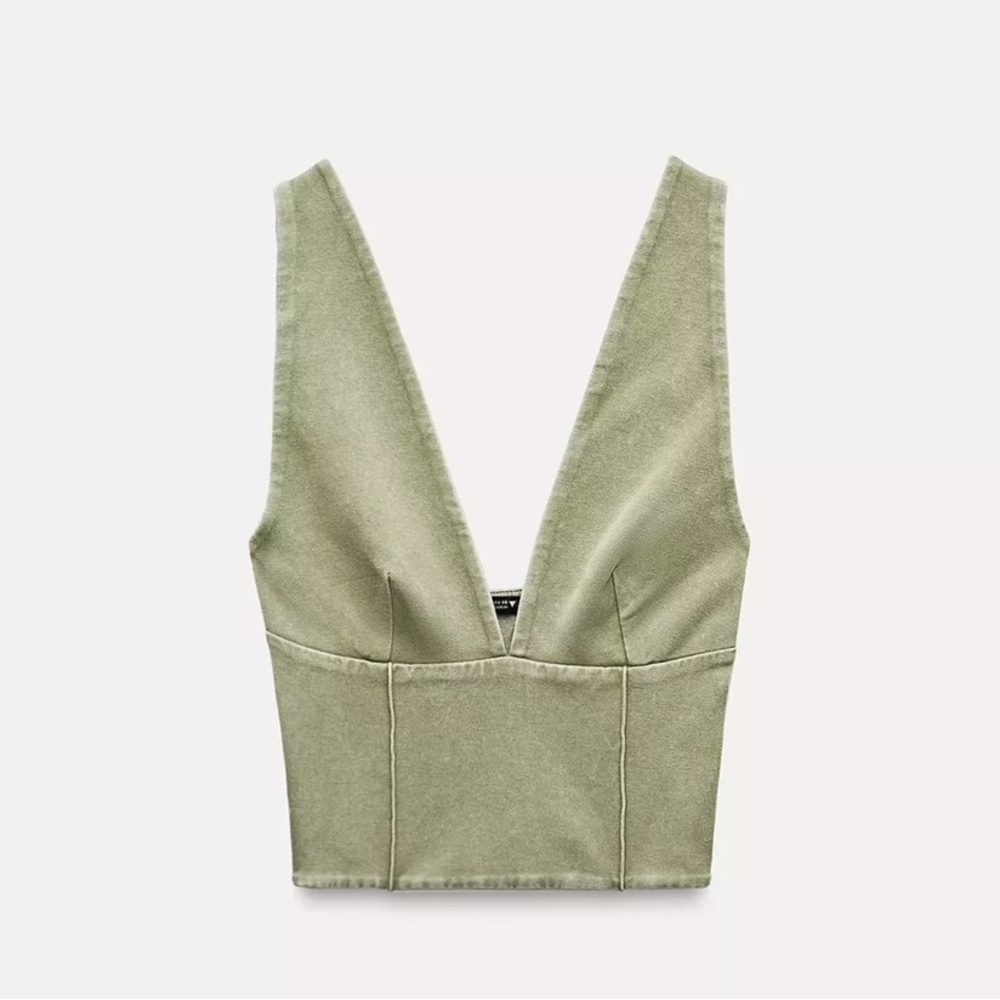 Zara Olive Green Sleeveless V-Neck Top